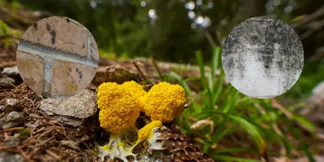 Bright yellow slime mold growing on forest floor, surrounded by dirt, leaves, and branches. Two circular overlays show textures of brick (left) and concrete (right) for surface assessment and mold comparison.