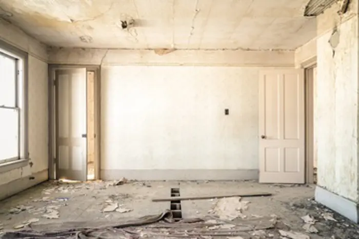 An empty, dilapidated room with peeling wallpaper and a damaged ceiling suggests neglect. Two closed doors and two windows let natural light cast shadows on the worn wooden floor, revealing loose floorboards and mold creeping through scattered debris. An investigation is certainly warranted.