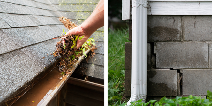 The left side of the image shows a hand cleaning leaves and debris from a house gutter, while the right side reveals a cracked foundation wall with a downspout nearby, suggesting water damage that warrants further inspection.