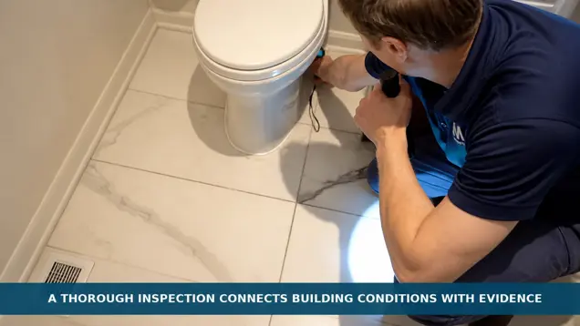 Mold Inspection Sciences inspector uses a flashlight to examine flooring beside a toilet. Caption: A thorough inspection connects building conditions with evidence.