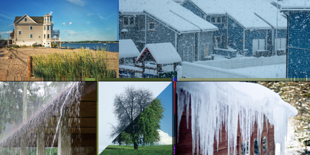 A collage of seasonal images captures the essence of change: a beach house basking in summer's glow, houses nestled in a snowy landscape, a rain-covered roof under investigation, a tree thriving in a green field, and icicles hanging delicately from another roof.