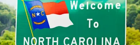 A green road sign with the North Carolina flag and text reading "Welcome to North Carolina" and "State Line" in white letters. The background offers a blurred view of a road and lush green trees, almost as if nature itself is passing an inspection before welcoming you.