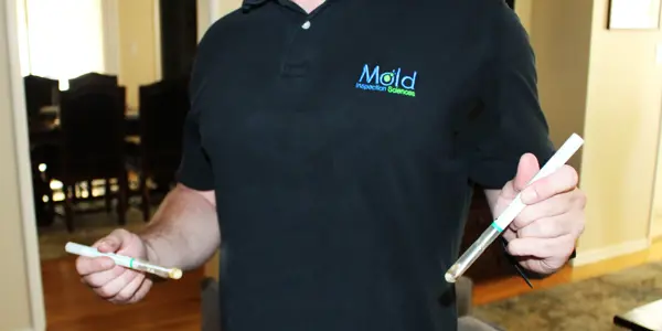 A person in a black polo shirt with Mold Inspection Services logo holds two mold testing kits, ready for an investigation, in a living room with a wooden floor and dining area in the background.