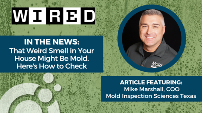 A Wired news article about identifying mold in homes features Mike Marshall, COO of Mold Inspection Sciences Texas. Highlighting the importance of thorough mold assessment, the graphic includes a photo of Mike Marshall on a green, mold-textured background.