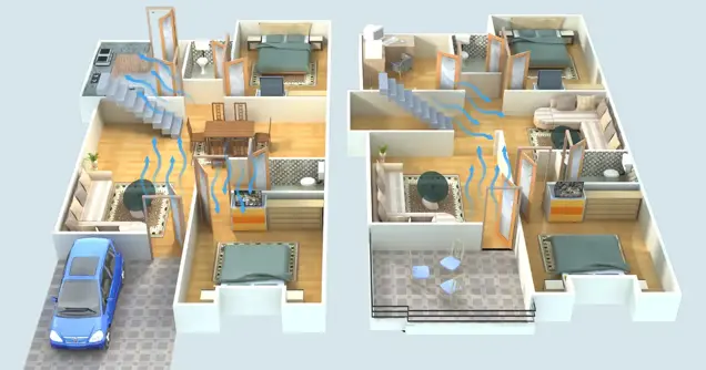 A 3D-rendered two-story house floor plan shows airflow with blue arrows, highlighting ventilation that helps prevent mold. The layout includes bedrooms, bathrooms, living areas, a staircase, and a blue car parked outside. Ideal for inspection planning.