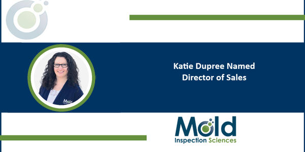 Image featuring a woman with long curly hair and glasses, wearing a dark blazer. Text reads: Katie Dupree Named Director of Sales. Below, the logo of Mold Inspection Sciences is displayed, highlighting her role in enhancing client experience through expert assessment.