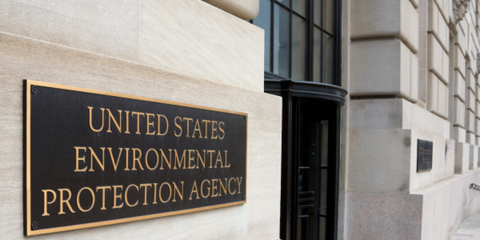 A plaque on the stone building reads United States Environmental Protection Agency. The entrance, with its large dark-framed windows and heavy door, evokes a formal government office setting dedicated to rigorous inspection and testing, crucial for battling issues like mold.