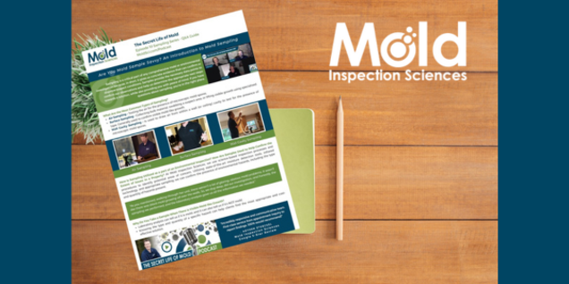 A flyer from Mold Inspection Sciences rests on a wooden table beside a closed green notebook and a pencil. Featuring photos and details about mold inspection services, it highlights assessment and testing options. The Mold Inspection Sciences logo stands out prominently.