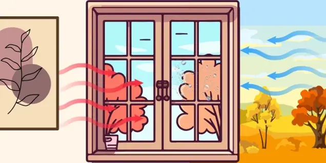 A window with a view of autumn trees and blue skies; red arrows show warm air entering from inside, and blue arrows show cool air coming from outside—ideal conditions for mold inspection. A small plant sits on the windowsill.