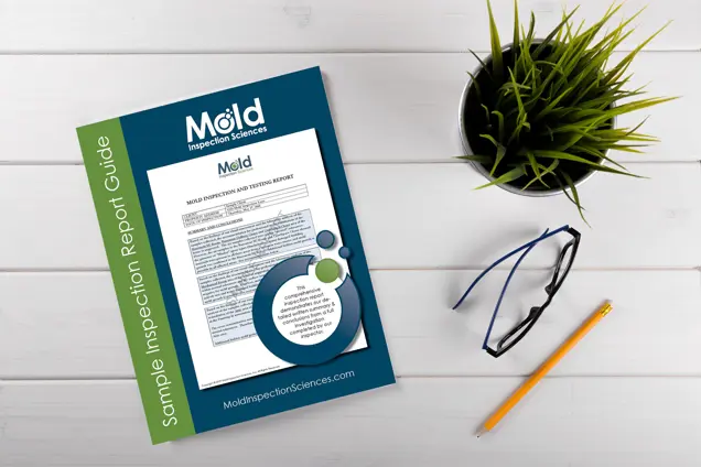 A sample inspection report guide from Mold Inspection Sciences is on a white wooden table. Nearby are black glasses and a potted plant. The report, essential for mold investigation, has a multicolored design with text and a website link.