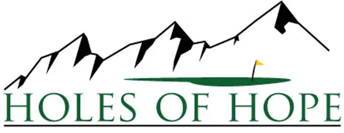 Logo with black mountain outlines above the words HOLES OF HOPE in green, featuring a green golf hole with a yellow flag, subtly symbolizing investigation and discovery through the design.