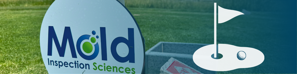A sign for Mold Inspection Sciences is prominently displayed on a grassy area. To the right, an illustration depicts a golf hole with a flag and ball against a blue gradient background, symbolizing precision much like our mold assessment services.