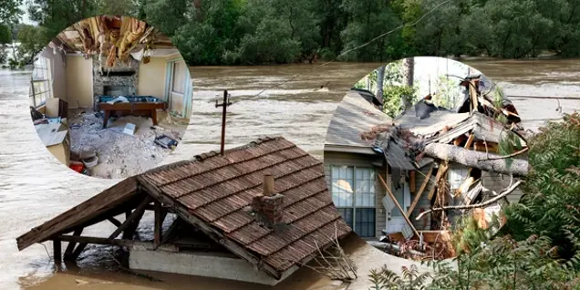 A flooded area with a house submerged in water; two circular insets show a damaged, debris-filled living room and a collapsed roof with a fallen tree, highlighting the need for mold testing and sampling after severe flood damage.