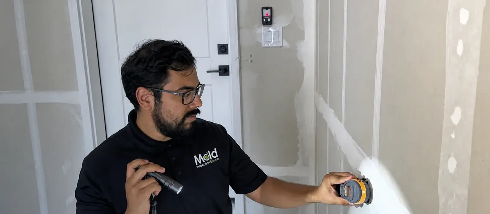 Mold Inspection Sciences inspector uses a flashlight and moisture meter to examine an unfinished drywall wall during a residential inspection.