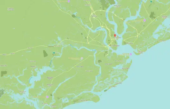 Map displaying the Charleston area with surrounding rivers and highways. Key locations include Charleston, West Ashley, and Johns Island. The landscape features waterways, road networks, and coastline. Green areas indicate parks or undeveloped land ideal for inspection or environmental sampling.