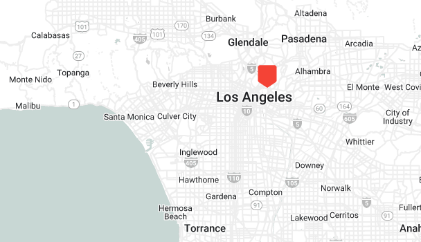A map of the Los Angeles area, highlighting Los Angeles in red. Neighboring cities like Pasadena, Glendale, and Torrance are shown. Nearby landmarks include Beverly Hills and Santa Monica. Major highways crisscross the region for easy navigation and inspection of this vibrant landscape.