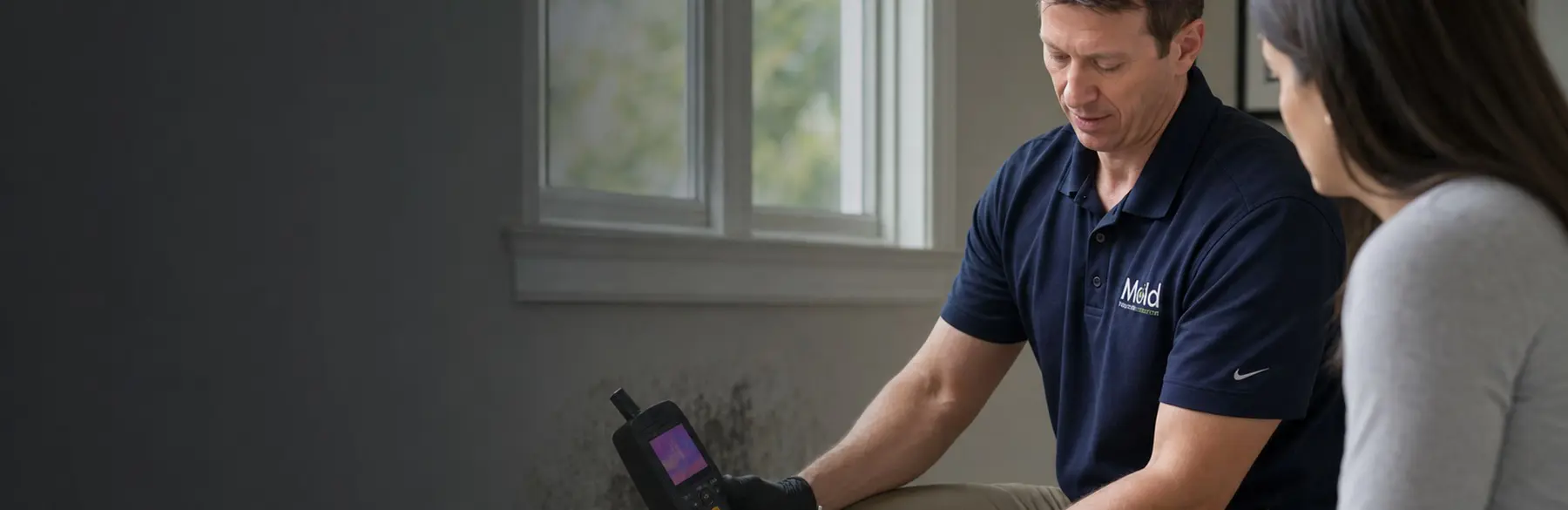 A man in a navy polo conducts an inspection as he shows a woman a handheld device, possibly a mold detector, near a window with visible mold on the wall.