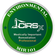 A circular badge with a green gradient background and a silver border. Text reads Environmental, CIRSx, Medically Important Remediation Professional, and MIR 101. A small lighthouse graphic symbolizes guidance in mold investigation and testing.