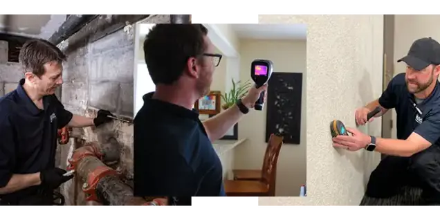 Three men conduct a home inspection: one examines pipes in the basement, another uses a thermal camera for wall assessment, and the third tests a wall outlet with a handheld device.