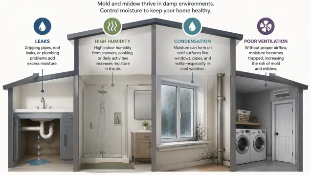 An infographic highlights three home areas and moisture sources: a leaky kitchen pipe, a humid bathroom, condensation on a window, and a laundry room with poor ventilation and mold risk. Text explains each cause and the need for proper inspection.