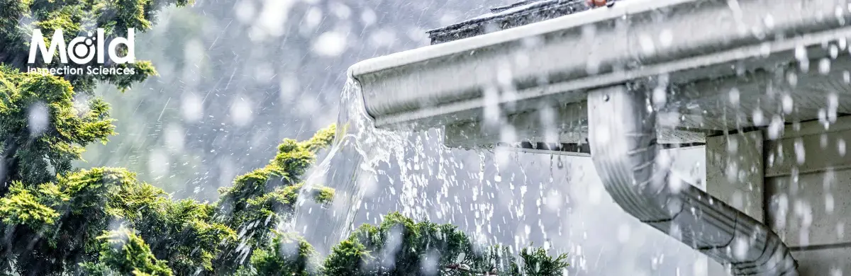 Heavy rain pours off a house's gutter, with water cascading and splashing onto nearby greenery, setting the perfect scene for a thorough mold investigation. The image is branded in the top left corner with text reading Mold Inspection Sciences.
