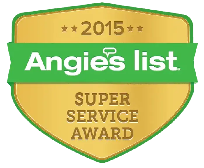 A gold badge with a green ribbon displays 2015 Angies List Super Service Award in white and gold letters, signifying recognition for outstanding mold sampling and testing service.
