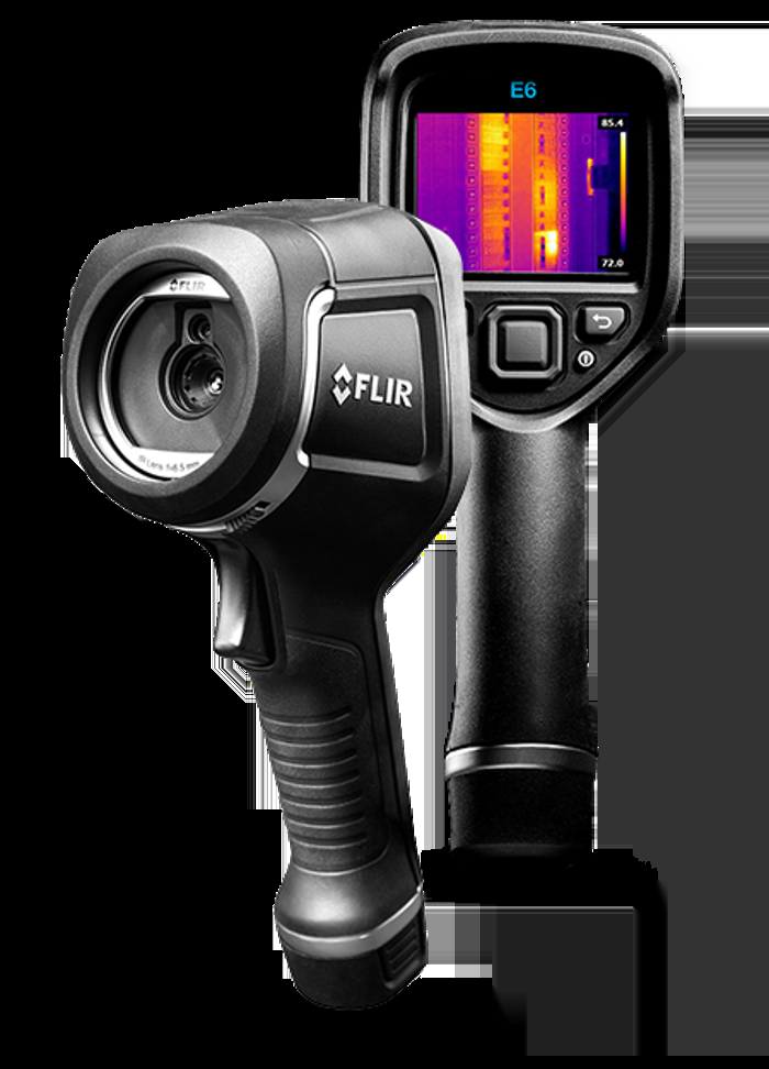 A FLIR thermal imaging camera with a sleek black design, shown from two angles, ideal for investigation. The screen displays a thermal image with various colors indicating temperature differences.