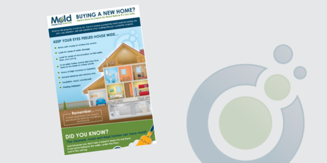 An infographic titled Buying a New Home? features a house diagram highlighting mold signs like roof leaks, high humidity, and basement dampness. It includes preventive tips, mold facts, and guidance on sampling during your home investigation.