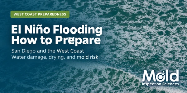 El Niño flooding: how to prepare in San Diego and the West Coast. Ocean photograph with Mold Inspection Sciences branding.