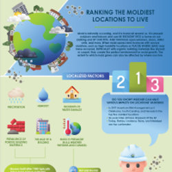 Infographic titled Ranking the Moldiest Locations to Live. Features a globe with buildings, stats from sampling precipitation, humidity, vegetation, and buildings. Includes a ranking system and a cartoon mold character at the bottom to guide this investigation.