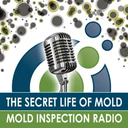 A vintage microphone is centered with green and black circles around it. Below, text reads: The Secret Life of Mold - Mold Inspection Radio. Discover the art of sampling as you explore the unseen world on a crisp white background.