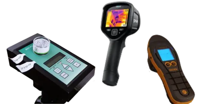 Three handheld inspection instruments for testing: a green device with labeled buttons and a dial, a black thermal imaging camera with a color display, and a yellow-and-black moisture meter with a digital screen.