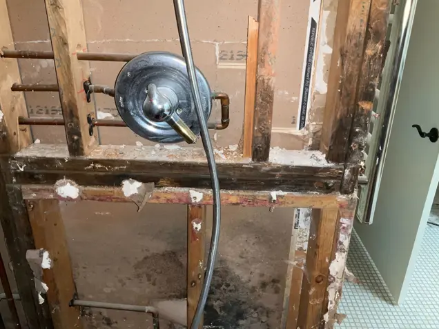 A partially demolished wall reveals exposed wooden studs and plumbing components. A silver circular shower valve is visible, with an attached metal pipe extending downwards. The surrounding area shows signs of construction, bare drywall, and evidence of mold investigation in progress.