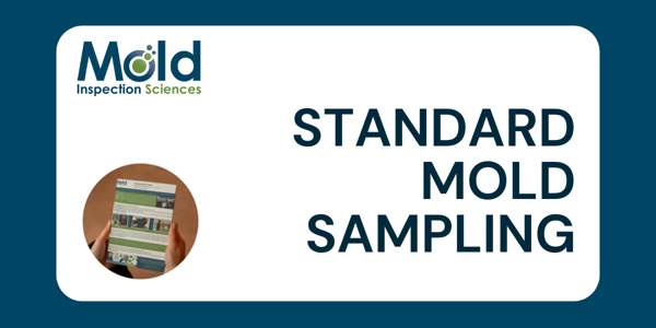 Mold Inspection Sciences logo on the left. On the right, text reads Standard Mold Sampling. Below the logo, an image of hands holding a brochure with mold testing information for thorough inspection.