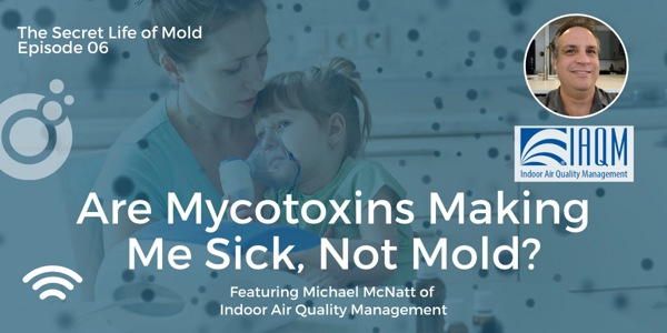 A woman holding a young child with a nebulizer. Text reads: The Secret Life of Mold Episode 06. Are Mycotoxins Making Me Sick, Not Mold? Featuring Michael McNatt of Indoor Air Quality Management. Dive into testing and assessment as we uncover hidden dangers. Image includes a man's profile picture and the IAQM logo.