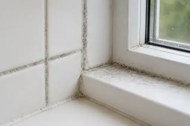 Close-up of a bathroom window corner showing white tiles and window sill with patches of black mold and mildew, indicating moisture and poor ventilation that may require further inspection or mold sampling.