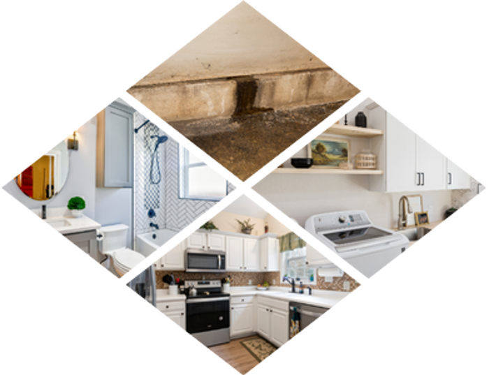 A collage of five images: a water leak from a wall, prompting an investigation, a modern bathroom with a shower, a kitchen with white cabinets, a laundry room with a washing machine, and a kitchen area with an oven and microwave.