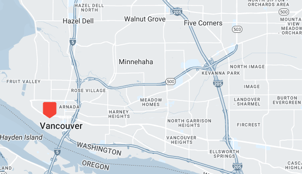 Map showcasing Vancouver, Washington, and surrounding areas like Walnut Grove, Five Corners, and Hazel Dell. Highways I-5 and I-205 are marked for easy navigation. The Columbia River is visible at the border with Oregon, offering a natural inspection point of the region's landscape.