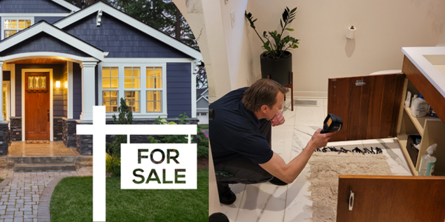 A For Sale sign graces the blue house with white trim and a wood door. To the right, a person conducts an assessment of the plumbing under a bathroom sink, holding a tool and flashlight, ensuring everything is in top condition.