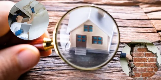 A magnifying glass focuses on a model house, with two insets showing a person sampling a moldy ceiling and another person conducting an assessment of cracks in a brick wall.