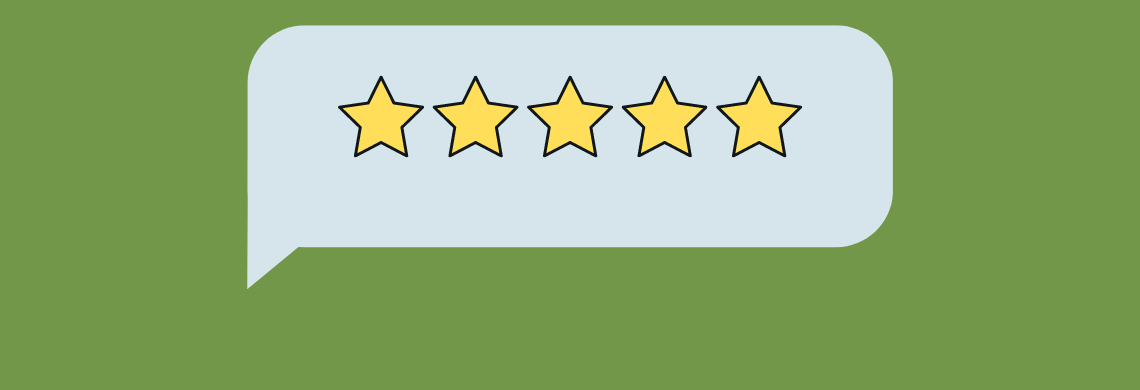 A green background features a light blue speech bubble containing five yellow stars in a horizontal row, reminiscent of an inspection rating.