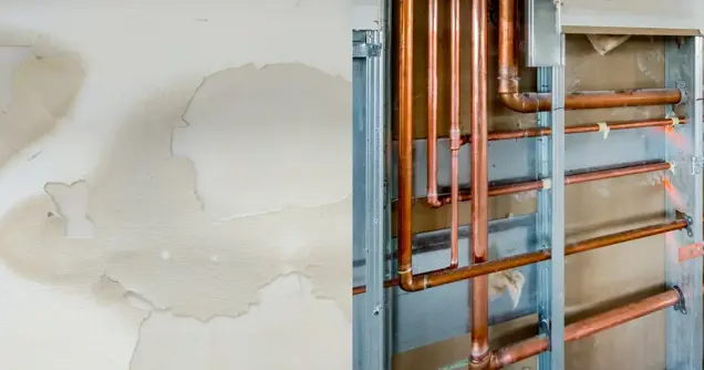 A split image: on the left, a wall with water stains and peeling paint; on the right, exposed copper pipes inside a wall, highlighting plumbing issues found during inspection.