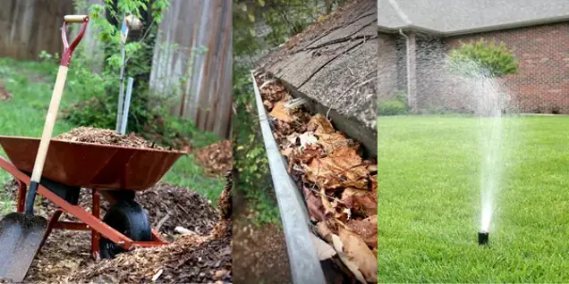 A wheelbarrow with mulch and shovel in a yard, a gutter filled with leaves awaiting inspection, and a sprinkler watering green grass near a brick house shown in three vertical panels.