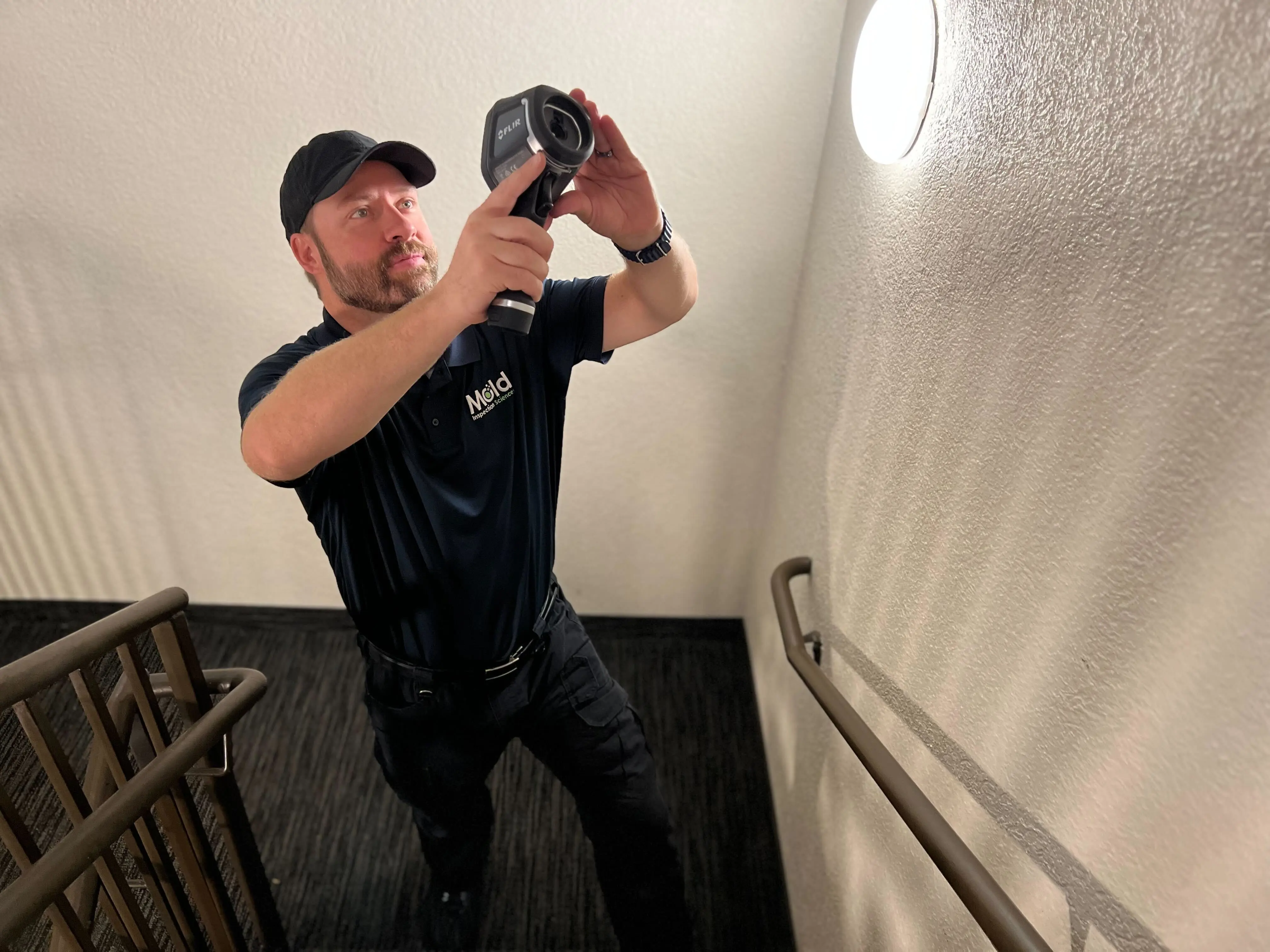 A man in a black uniform and cap uses a thermal camera to conduct an assessment on a wall near a staircase. He is focused on the task, and the area is well-lit by a round light on the wall.
