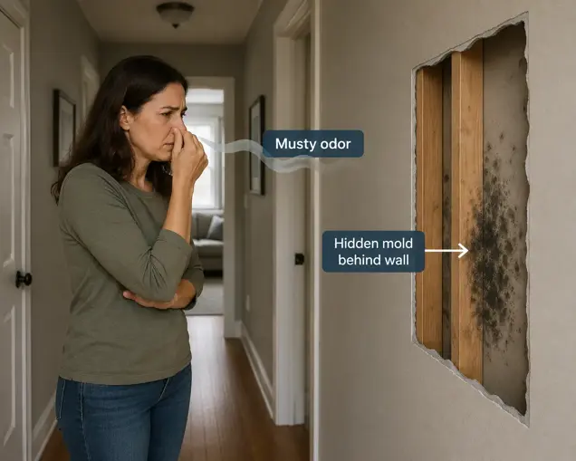 A woman stands in a hallway, holding her nose due to a musty odor. A section of the wall is cut open, revealing mold growing on the wooden beams inside. Labels indicate “Musty odor,” “Hidden mold behind wall,” and “Mold testing recommended.”.