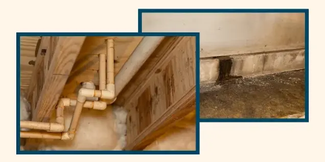 Two photos: one shows exposed pipes beneath a wooden floor; the other reveals a damp, stained concrete wall and floor—evidence that may require mold investigation or further testing for potential water damage.