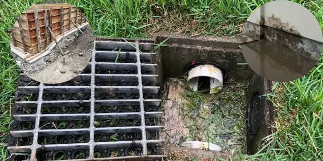 A metal grate covers a drainage pit with a white pipe inside, surrounded by grass. Inset images show construction with wooden forms and a water-damaged wall, highlighting the site’s assessment and inspection stages.