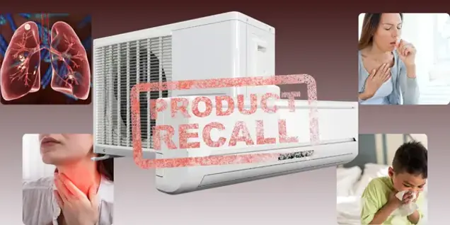 A large Product Recall stamp over an air conditioner, with images of people coughing, holding their throats, and a diagram of lungs, indicating potential health issues and mold investigation.