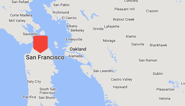 A map detailing San Francisco and the surrounding areas, such as Oakland, Alameda, Berkeley, Richmond, and San Mateo. A large red marker highlights the city. Nearby cities include Walnut Creek, San Ramon, and Pleasanton—ideal regions for conducting a thorough investigation or assessment.