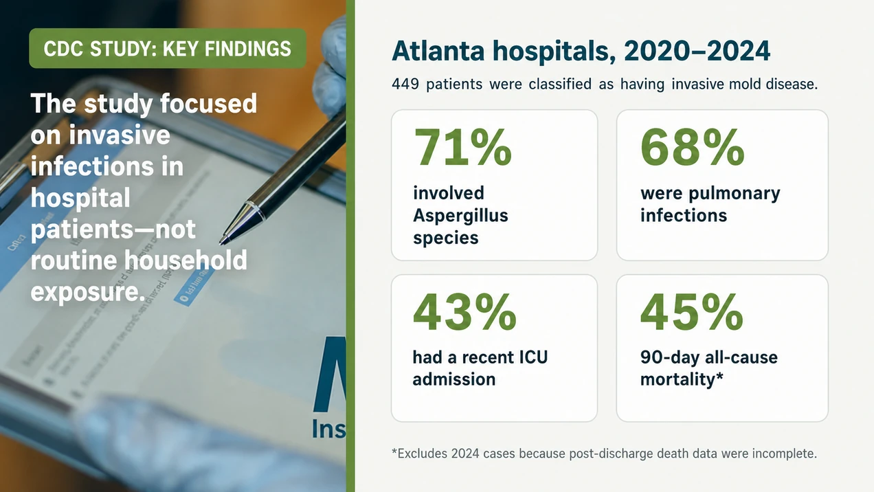 CDC invasive mold disease findings from four Atlanta hospitals, 2020–2024: 71% involved Aspergillus species, 68% were pulmonary infections, 43% had a recent ICU admission, and 45% 90-day all-cause mortality; 2024 cases are excluded from the mortality figure because follow-up data were incomplete.